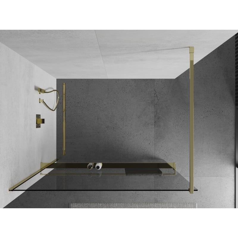 Mexen Kioto+ ścianka prysznicowa z półką Walk-in 100 x 200 cm, transparent, złota - 800-100-121-50-00