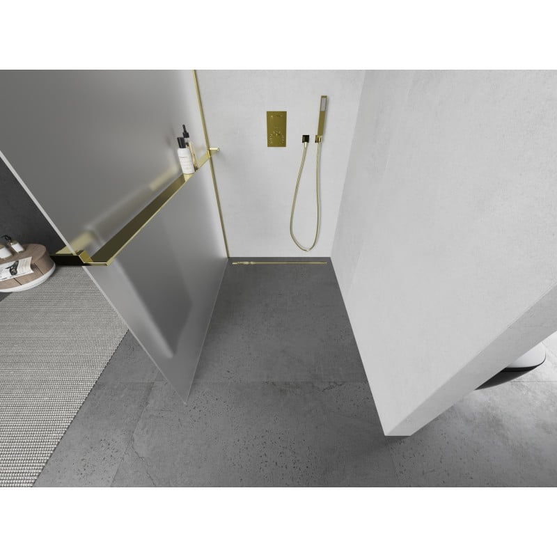 Mexen Kioto+ ścianka prysznicowa z półką Walk-in 80 x 200 cm, szron, złota - 800-080-121-50-30