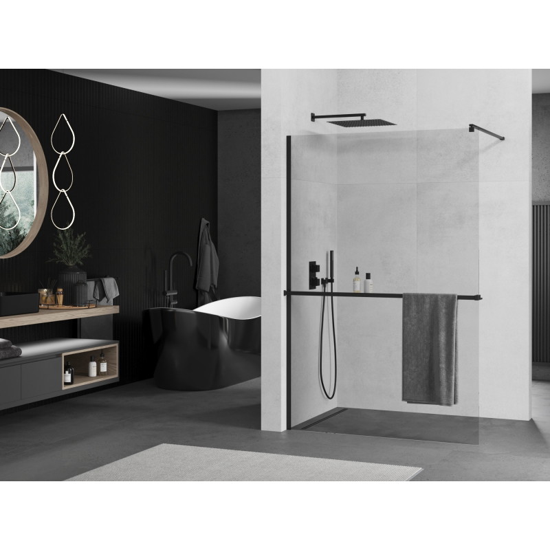 Mexen Kioto+ ścianka prysznicowa z półką Walk-in 80 x 200 cm, transparent, czarna - 800-080-121-70-00