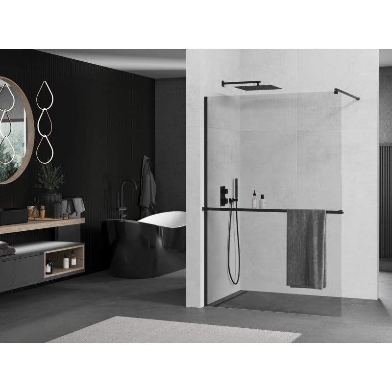 Mexen Kioto+ ścianka prysznicowa z półką Walk-in 90 x 200 cm, transparent, czarna - 800-090-121-70-00