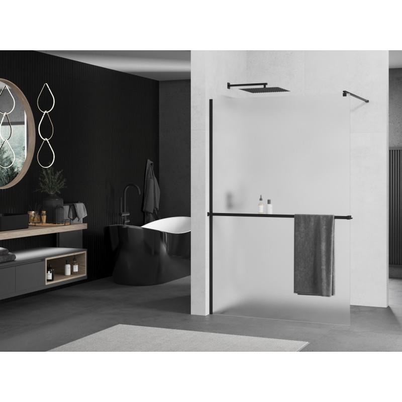 Mexen Kioto+ ścianka prysznicowa z półką Walk-in 120 x 200 cm, szron, czarna - 800-120-121-70-30