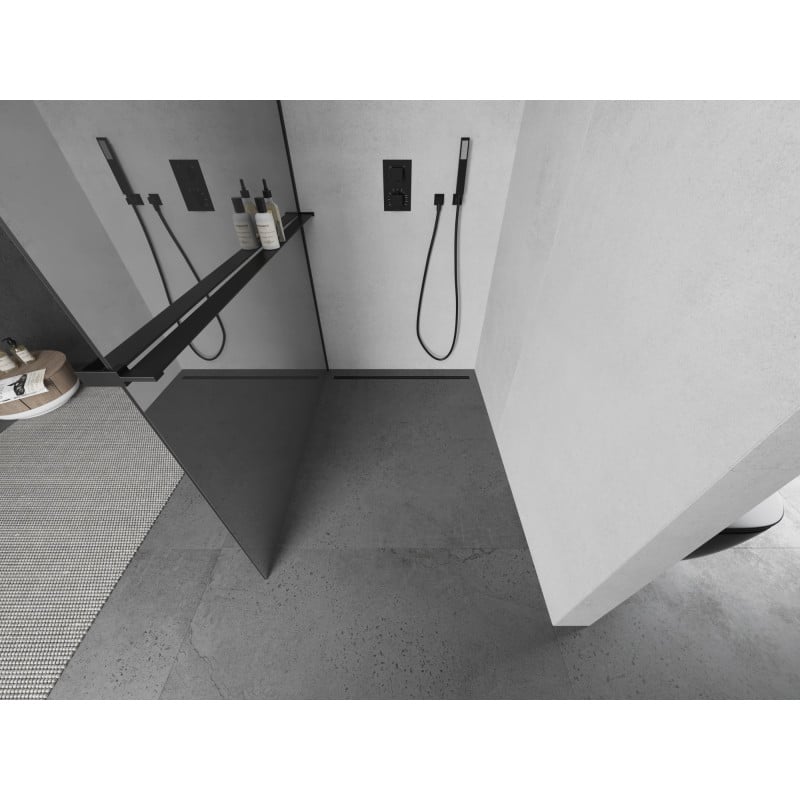 Mexen Kioto+ ścianka prysznicowa z półką Walk-in 110 x 200 cm, lustro, czarna - 800-110-121-70-50