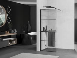 Mexen Kioto+ ścianka prysznicowa z półką Walk-in 90 x 200 cm, czarna kratka, czarna - 800-090-121-70-77