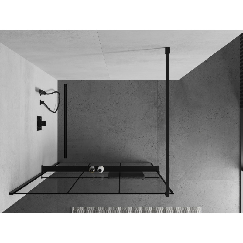 Mexen Kioto+ ścianka prysznicowa z półką Walk-in 110 x 200 cm, czarna kratka, czarna - 800-110-121-70-77