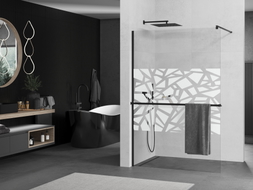 Mexen Kioto+ ścianka prysznicowa z półką Walk-in 80 x 200 cm, biały wzór, czarna - 800-080-121-70-85