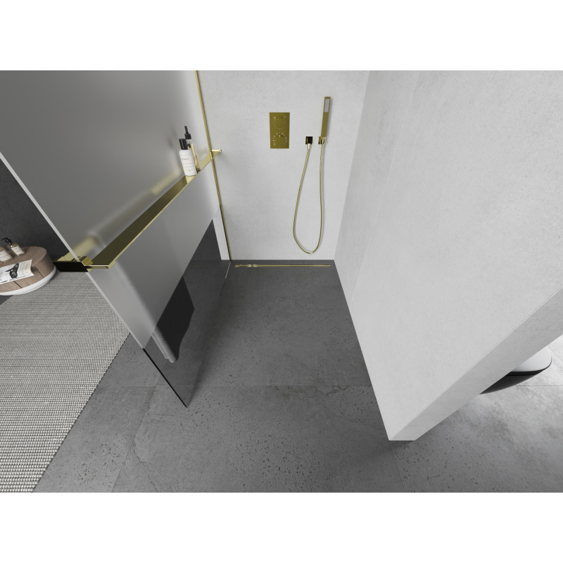 Mexen Kioto+ ścianka prysznicowa z półką Walk-in 80 x 200 cm, transparent/szron, złota - 800-080-121-50-35