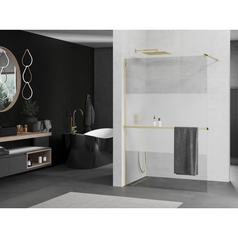 Mexen Kioto+ ścianka prysznicowa z półką Walk-in 80 x 200 cm, transparent/szron, złota - 800-080-121-50-35