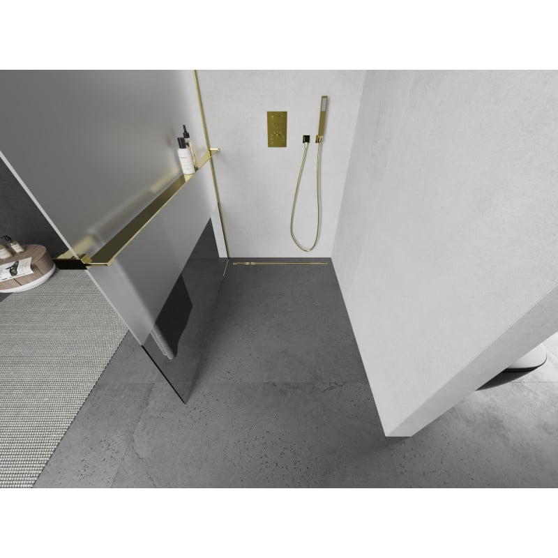 Mexen Kioto+ ścianka prysznicowa z półką Walk-in 120 x 200 cm, transparent/szron, złota - 800-120-121-50-35