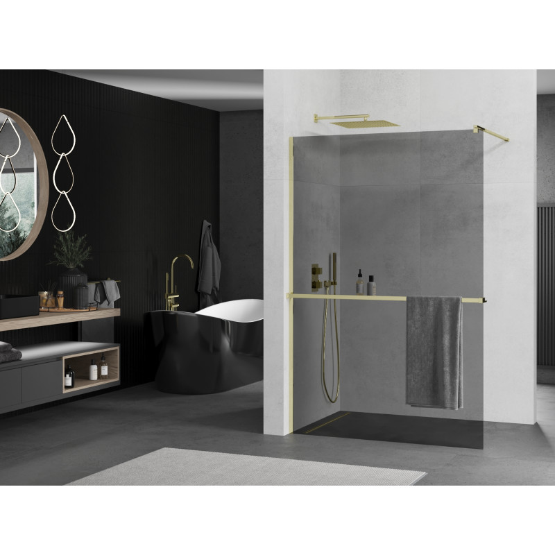 Mexen Kioto+ ścianka prysznicowa z półką Walk-in 80 x 200 cm, grafit, złota - 800-080-121-50-40
