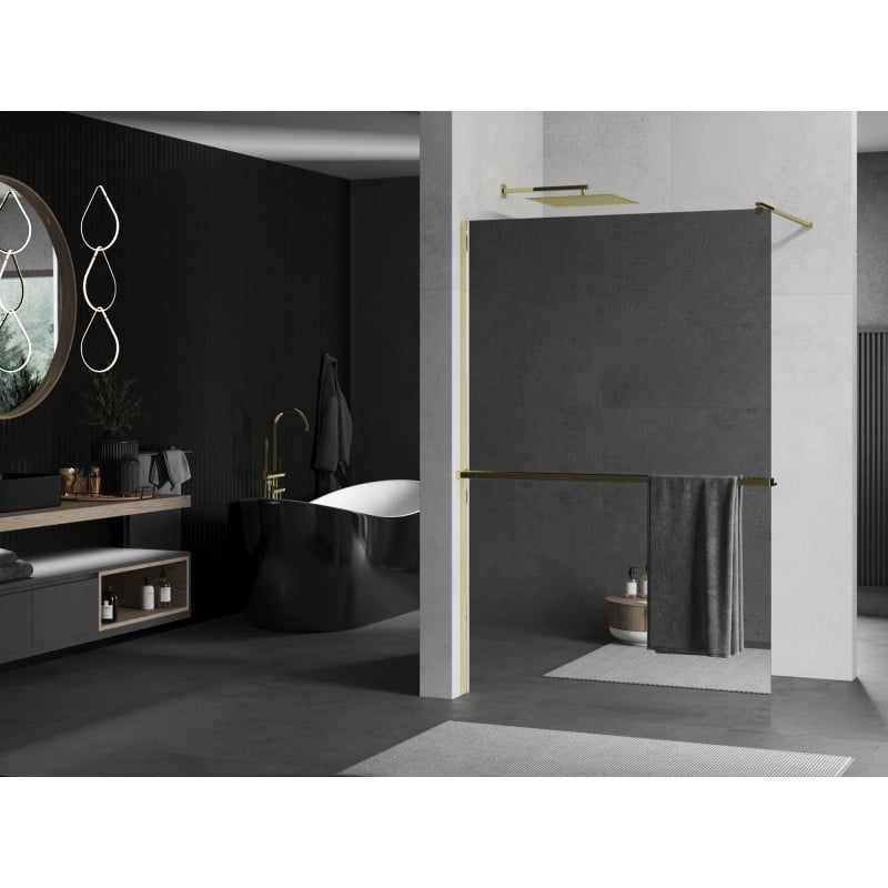 Mexen Kioto+ ścianka prysznicowa z półką Walk-in 110 x 200 cm, lustro, złota - 800-110-121-50-50