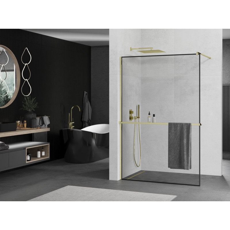 Mexen Kioto+ ścianka prysznicowa z półką Walk-in 80 x 200 cm, czarna ramka, złota - 800-080-121-50-70
