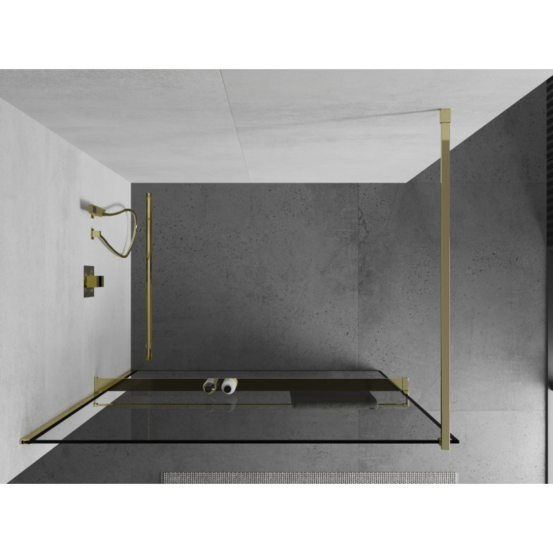 Mexen Kioto+ ścianka prysznicowa z półką Walk-in 110 x 200 cm, czarna ramka, złota - 800-110-121-50-70