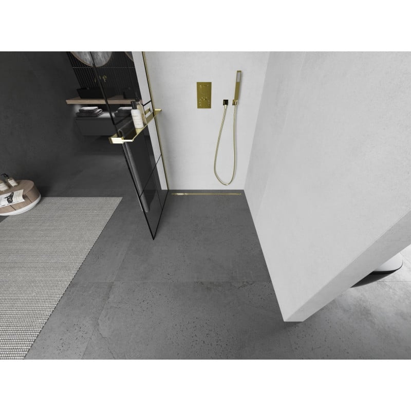 Mexen Kioto+ ścianka prysznicowa z półką Walk-in 70 x 200 cm, czarna kratka, złota - 800-070-121-50-77