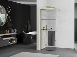 Mexen Kioto+ ścianka prysznicowa z półką Walk-in 70 x 200 cm, czarna kratka, złota - 800-070-121-50-77