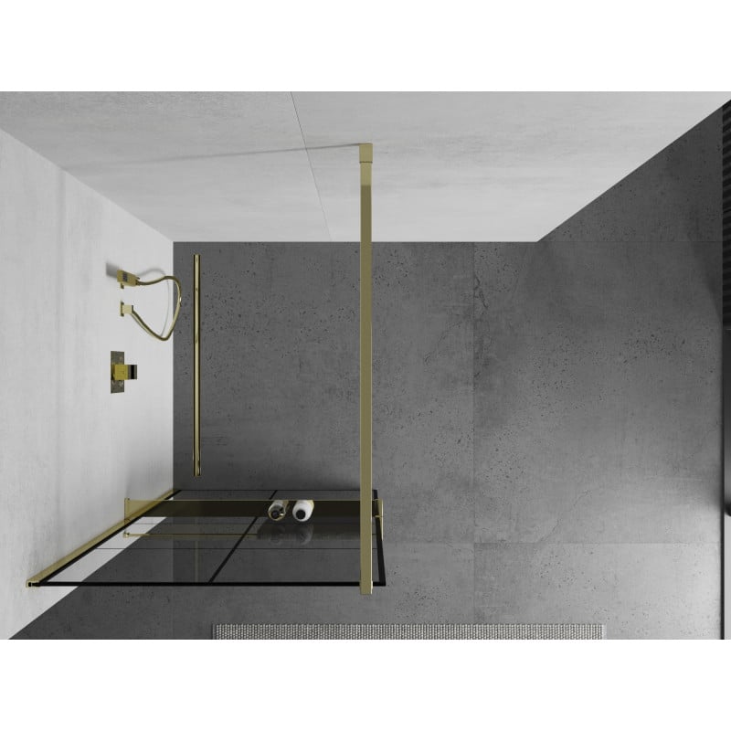 Mexen Kioto+ ścianka prysznicowa z półką Walk-in 70 x 200 cm, czarna kratka, złota - 800-070-121-50-77