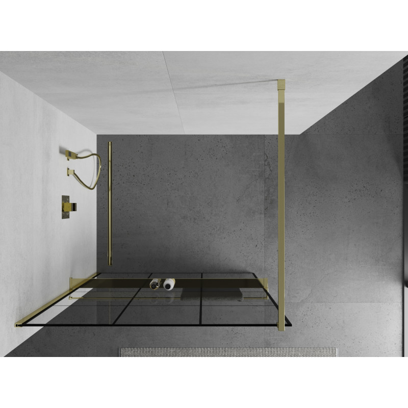 Mexen Kioto+ ścianka prysznicowa z półką Walk-in 100 x 200 cm, czarna kratka, złota - 800-100-121-50-77