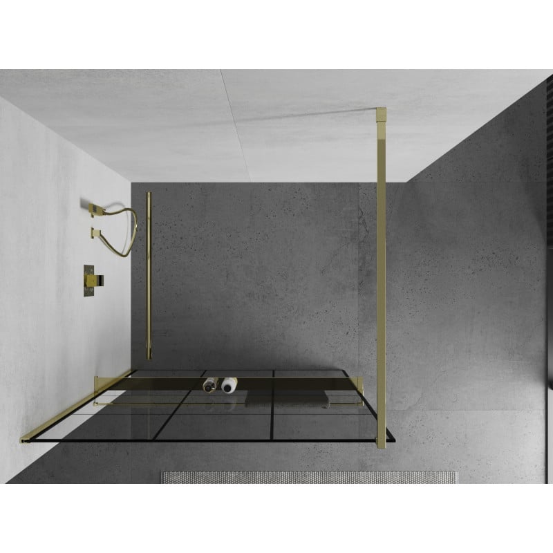 Mexen Kioto+ ścianka prysznicowa z półką Walk-in 110 x 200 cm, czarna kratka, złota - 800-110-121-50-77