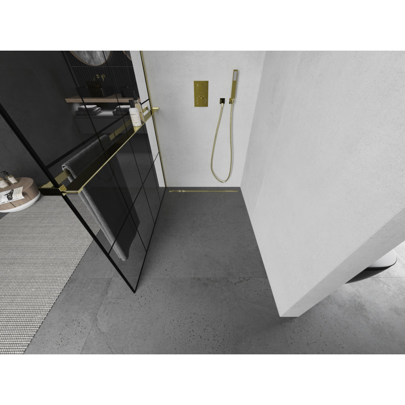 Mexen Kioto+ ścianka prysznicowa z półką Walk-in 130 x 200 cm, czarna kratka, złota - 800-130-121-50-77