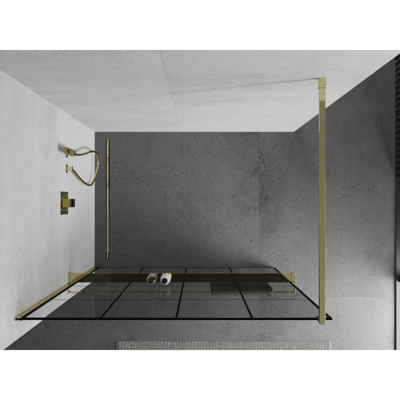 Mexen Kioto+ ścianka prysznicowa z półką Walk-in 130 x 200 cm, czarna kratka, złota - 800-130-121-50-77