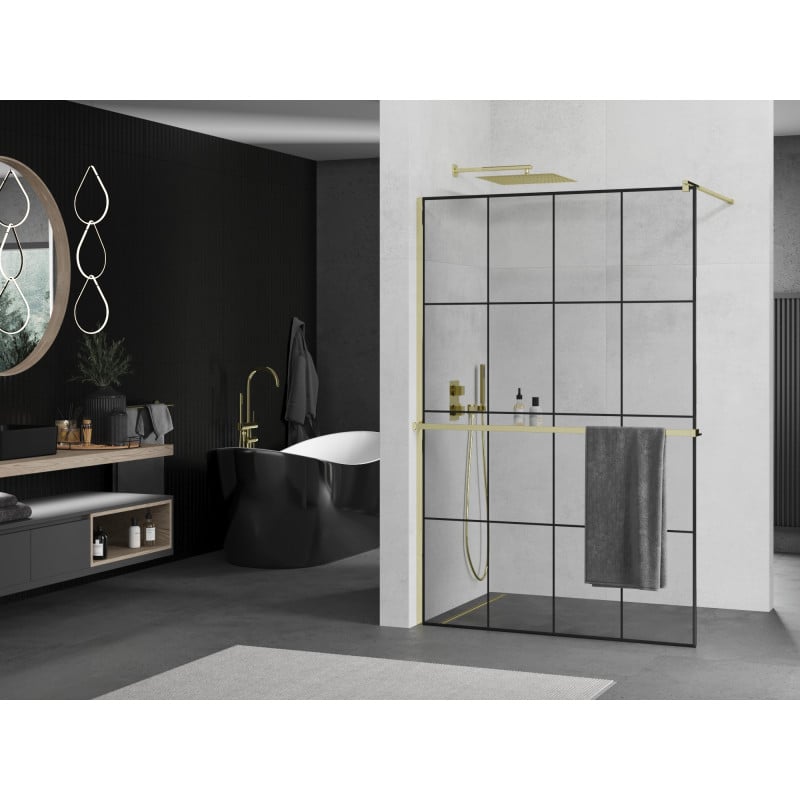 Mexen Kioto+ ścianka prysznicowa z półką Walk-in 140 x 200 cm, czarna kratka, złota - 800-140-121-50-77