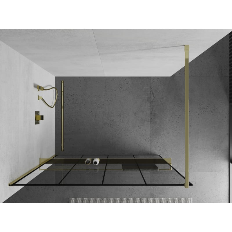 Mexen Kioto+ ścianka prysznicowa z półką Walk-in 140 x 200 cm, czarna kratka, złota - 800-140-121-50-77