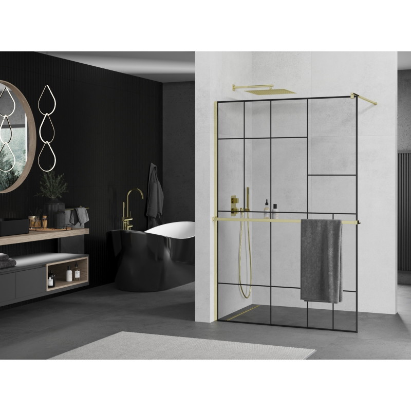 Mexen Kioto+ ścianka prysznicowa z półką Walk-in 80 x 200 cm, czarny wzór, złota - 800-080-121-50-78