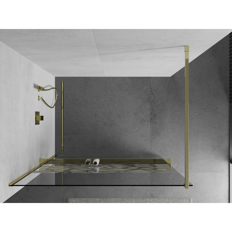 Mexen Kioto+ ścianka prysznicowa z półką Walk-in 80 x 200 cm, biały wzór, złota - 800-080-121-50-85