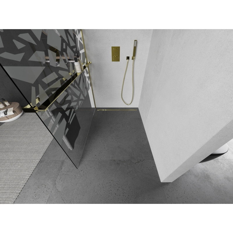 Mexen Kioto+ ścianka prysznicowa z półką Walk-in 80 x 200 cm, biały wzór, złota - 800-080-121-50-85