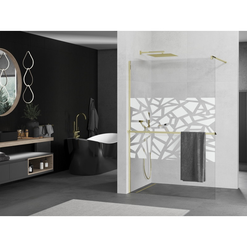 Mexen Kioto+ ścianka prysznicowa z półką Walk-in 80 x 200 cm, biały wzór, złota - 800-080-121-50-85