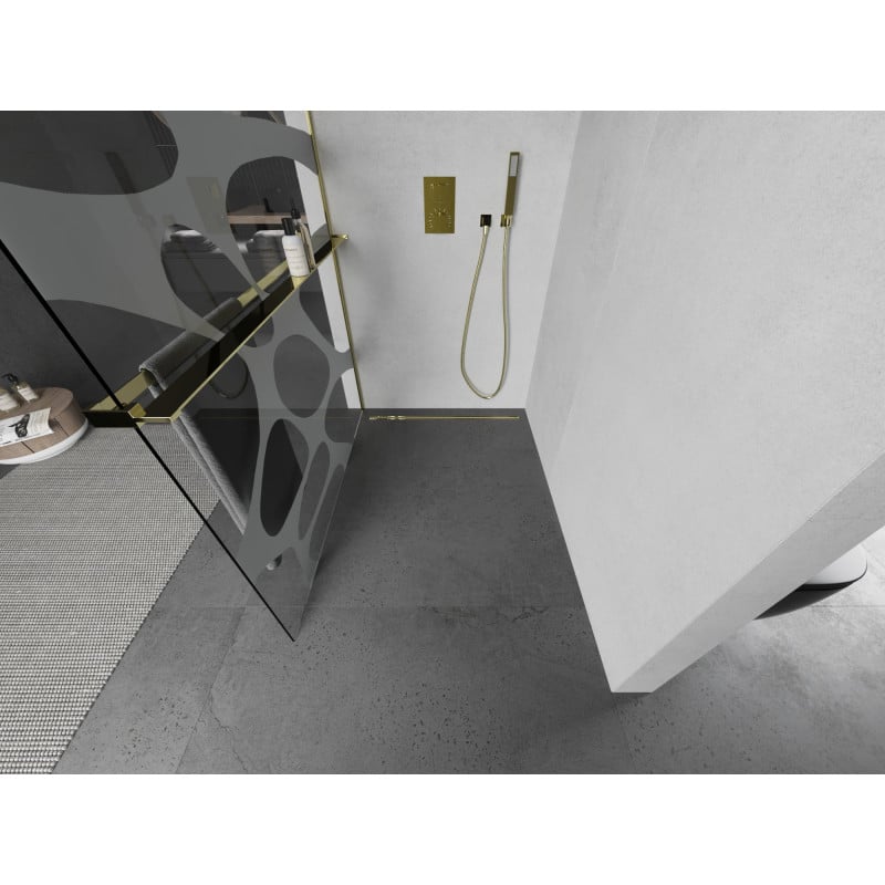 Mexen Kioto+ ścianka prysznicowa z półką Walk-in 80 x 200 cm, biała fala, złota - 800-080-121-50-97