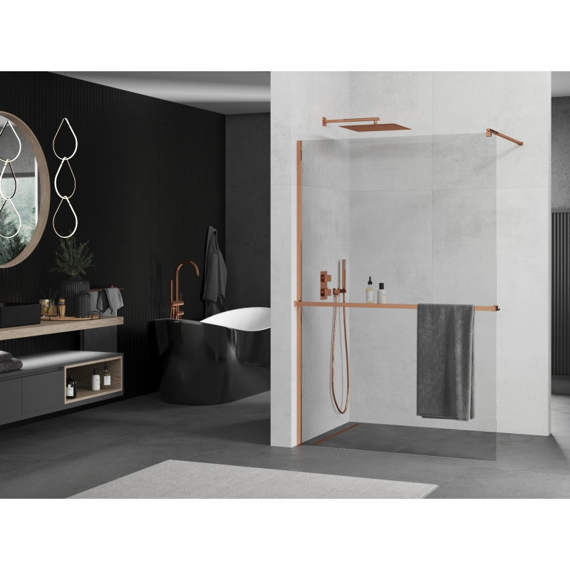 Mexen Kioto+ ścianka prysznicowa z półką Walk-in 100 x 200 cm, transparent, różowe złoto - 800-100-121-60-00