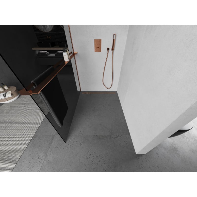 Mexen Kioto+ ścianka prysznicowa z półką Walk-in 70 x 200 cm, grafit, różowe złoto - 800-070-121-60-40