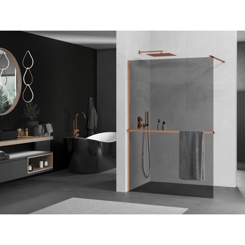 Mexen Kioto+ ścianka prysznicowa z półką Walk-in 70 x 200 cm, grafit, różowe złoto - 800-070-121-60-40