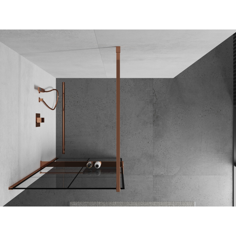 Mexen Kioto+ ścianka prysznicowa z półką Walk-in 80 x 200 cm, czarna kratka, różowe złoto - 800-080-121-60-77