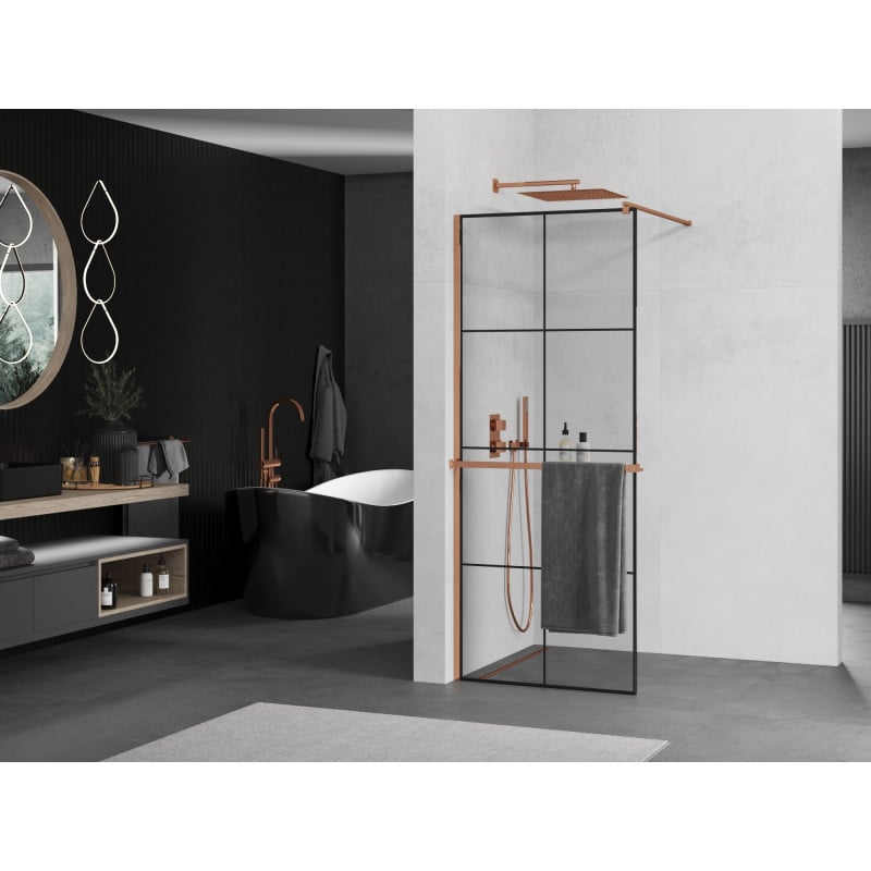 Mexen Kioto+ ścianka prysznicowa z półką Walk-in 80 x 200 cm, czarna kratka, różowe złoto - 800-080-121-60-77