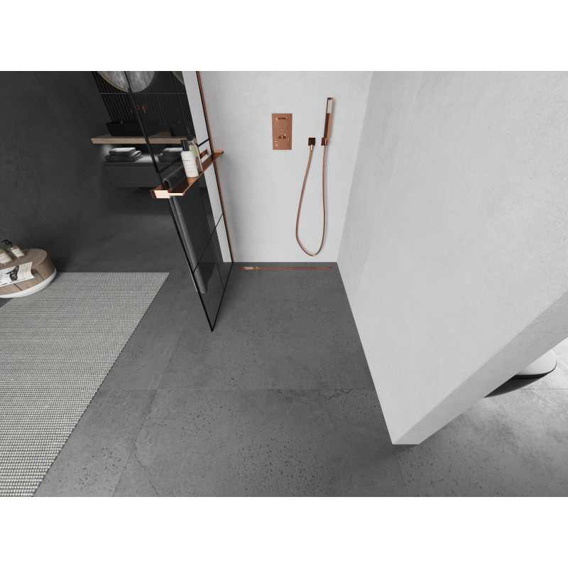 Mexen Kioto+ ścianka prysznicowa z półką Walk-in 80 x 200 cm, czarna kratka, różowe złoto - 800-080-121-60-77