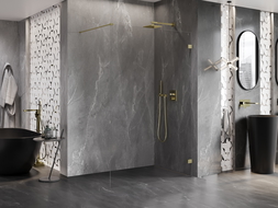 Mexen Lunar ścianka prysznicowa Walk-in prawa 140 x 200 cm, transparent 8 mm, złota szczotkowana - 830-140-000-55-00-P