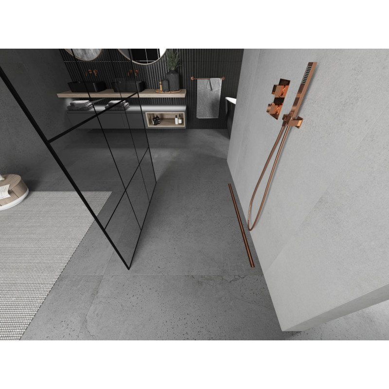 Mexen Kioto ścianka prysznicowa wolnostojąca 120 x 200 cm, czarna kratka 8 mm, różowe złoto - 800-120-002-60-77