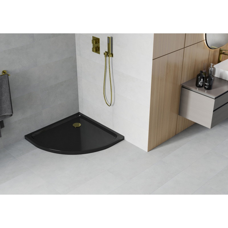 Mexen Flat brodzik półokrągły slim 100 x 100 cm, czarny, syfon złoty - 41701010G