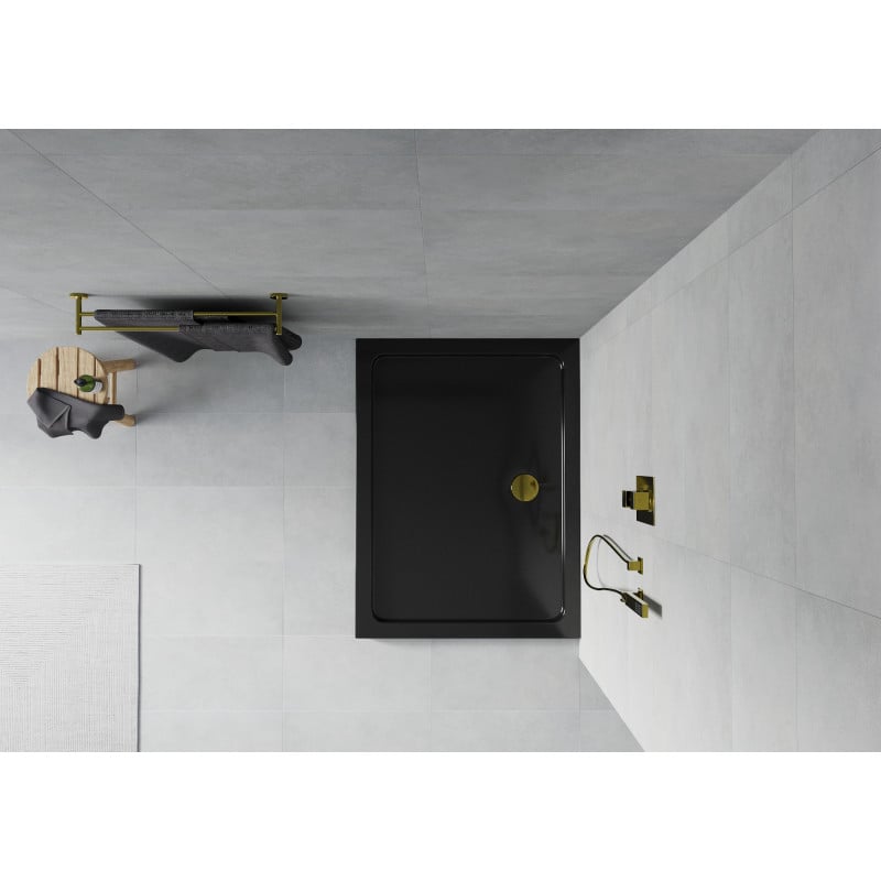 Mexen Flat brodzik prostokątny slim 90 x 70 cm, czarny, syfon złoty - 40707090G