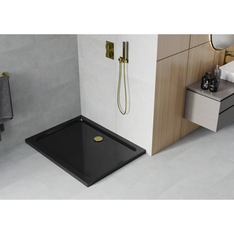 Mexen Flat brodzik prostokątny slim 90 x 70 cm, czarny, syfon złoty - 40707090G