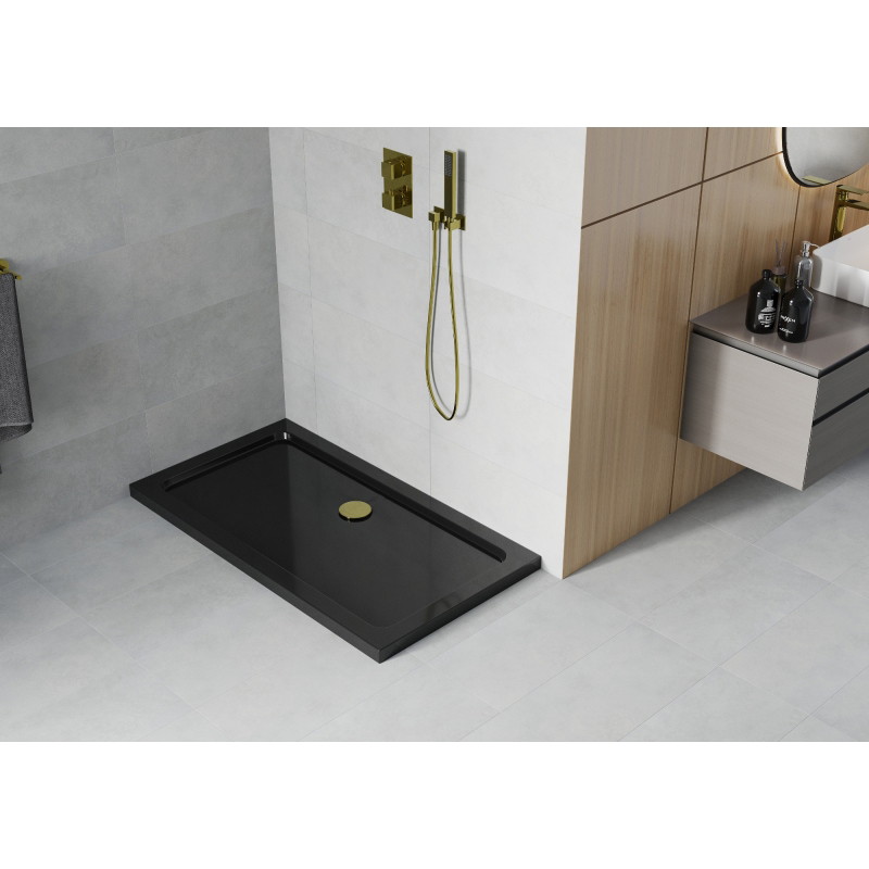Mexen Flat brodzik prostokątny slim 140 x 70 cm, czarny, syfon złoty - 40707014G