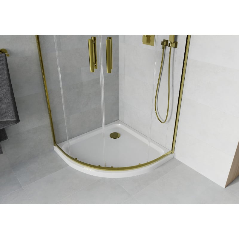 Mexen Rio kabina prysznicowa półokrągła 90 x 90 cm, transparent, złota + brodzik Flat, biały - 863-090-090-50-00-4110G