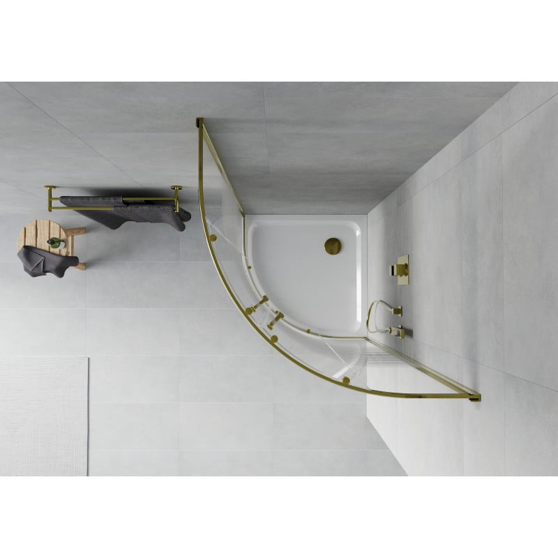 Mexen Rio kabina prysznicowa półokrągła 90 x 90 cm, białe pasy, złota + brodzik Flat, biały - 863-090-090-50-20-4110G