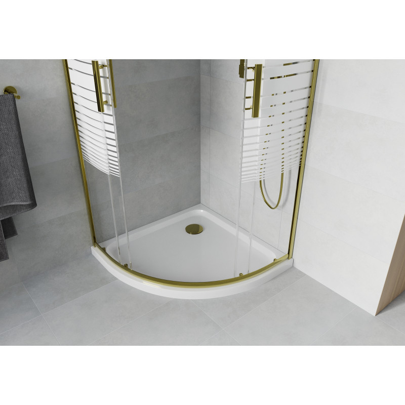 Mexen Rio kabina prysznicowa półokrągła 90 x 90 cm, białe pasy, złota + brodzik Flat, biały - 863-090-090-50-20-4110G