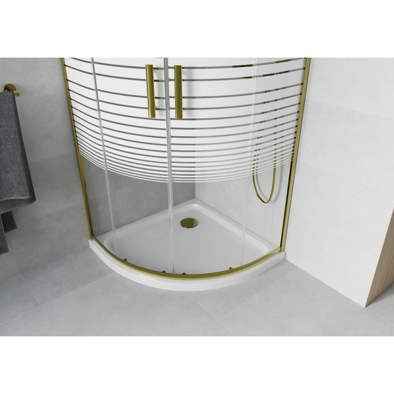 Mexen Rio kabina prysznicowa półokrągła 90 x 90 cm, białe pasy, złota + brodzik Flat, biały - 863-090-090-50-20-4110G