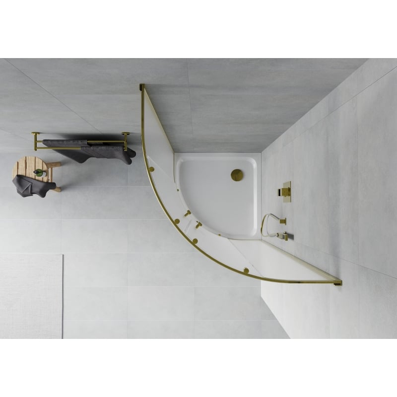 Mexen Rio kabina prysznicowa półokrągła 90 x 90 cm, szron, złota + brodzik Flat, biały - 863-090-090-50-30-4110G