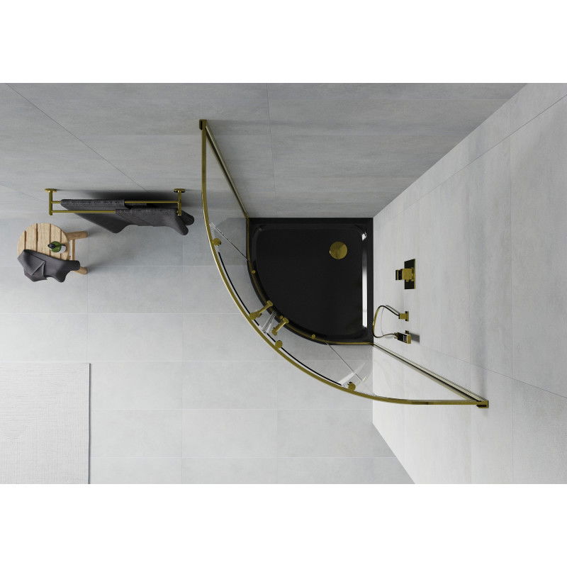 Mexen Rio kabina prysznicowa półokrągła 90 x 90 cm, transparent, złota + brodzik Flat, czarny - 863-090-090-50-00-4170G
