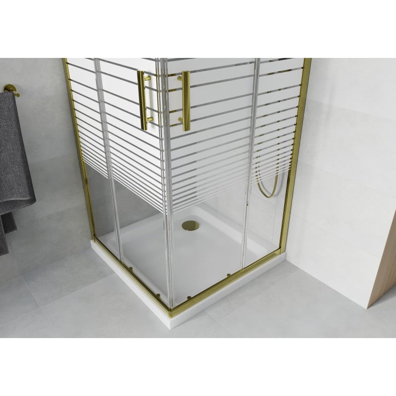 Mexen Rio kabina prysznicowa kwadratowa 70 x 70 cm, białe pasy, złota + brodzik Flat, biały - 860-070-070-50-20-4010G