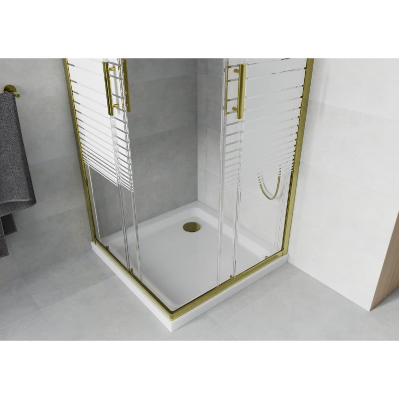 Mexen Rio kabina prysznicowa kwadratowa 70 x 70 cm, białe pasy, złota + brodzik Flat, biały - 860-070-070-50-20-4010G